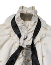 Dolce & Gabbana White Black Silk Long Sleeve Ascot Collar Top