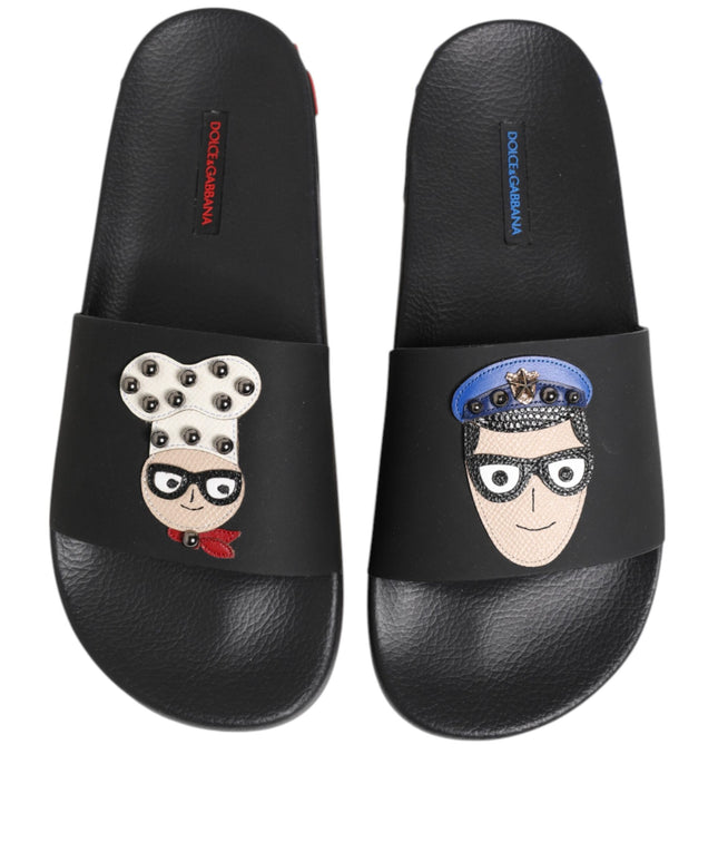 Dolce & Gabbana Black Leather Slides Flats Beachwear Shoes