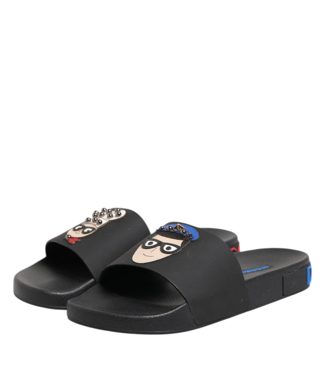 Dolce & Gabbana Black Leather Slides Flats Beachwear Shoes