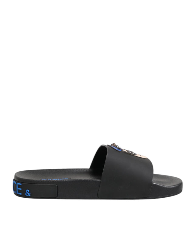 Dolce & Gabbana Black Leather Slides Flats Beachwear Shoes