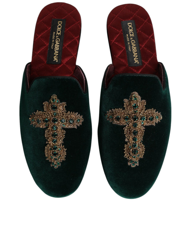 Dolce & Gabbana Green Velvet Cross Embellished Slippers Shoes