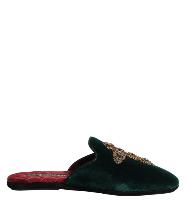 Dolce & Gabbana Green Velvet Cross Embellished Slippers Shoes