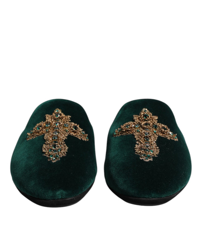 Dolce & Gabbana Green Velvet Cross Embellished Slippers Shoes
