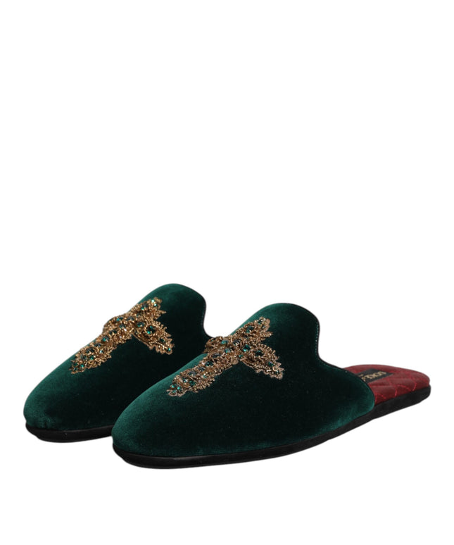 Dolce & Gabbana Green Velvet Cross Embellished Slippers Shoes