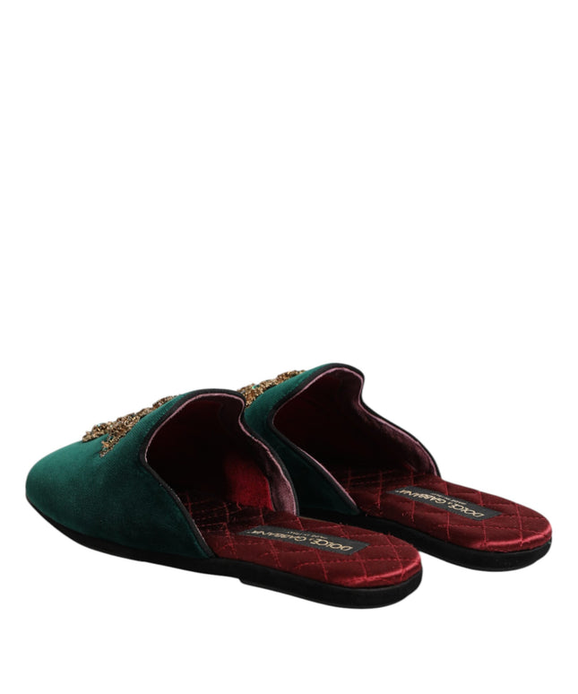 Dolce & Gabbana Green Velvet Cross Embellished Slippers Shoes