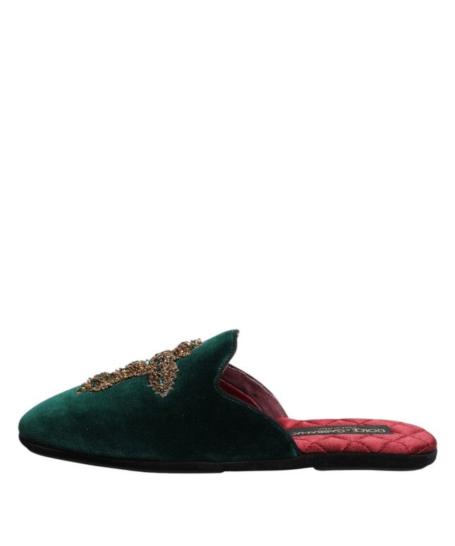 Dolce & Gabbana Green Velvet Cross Embellished Slippers Shoes