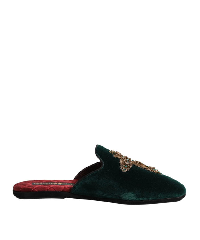Dolce & Gabbana Green Velvet Cross Embellished Slippers Shoes