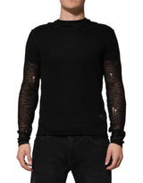 Dolce & Gabbana Black Linen Mesh Tattered Longsleeves T-shirt