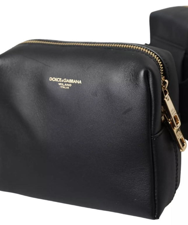 Dolce & Gabbana Black Calfskin Leather Double Waist Belt Fanny Pack Bag