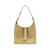 Chloé Marcie Shoulder Bag in beige suede with structured silhouette and adjustable leather strap, ideal for women's luxury fashion.