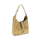 Side view of Chloé Marcie Shoulder Bag showcasing soft suede texture and gold-tone hardware, perfect for upscale women's accessories.