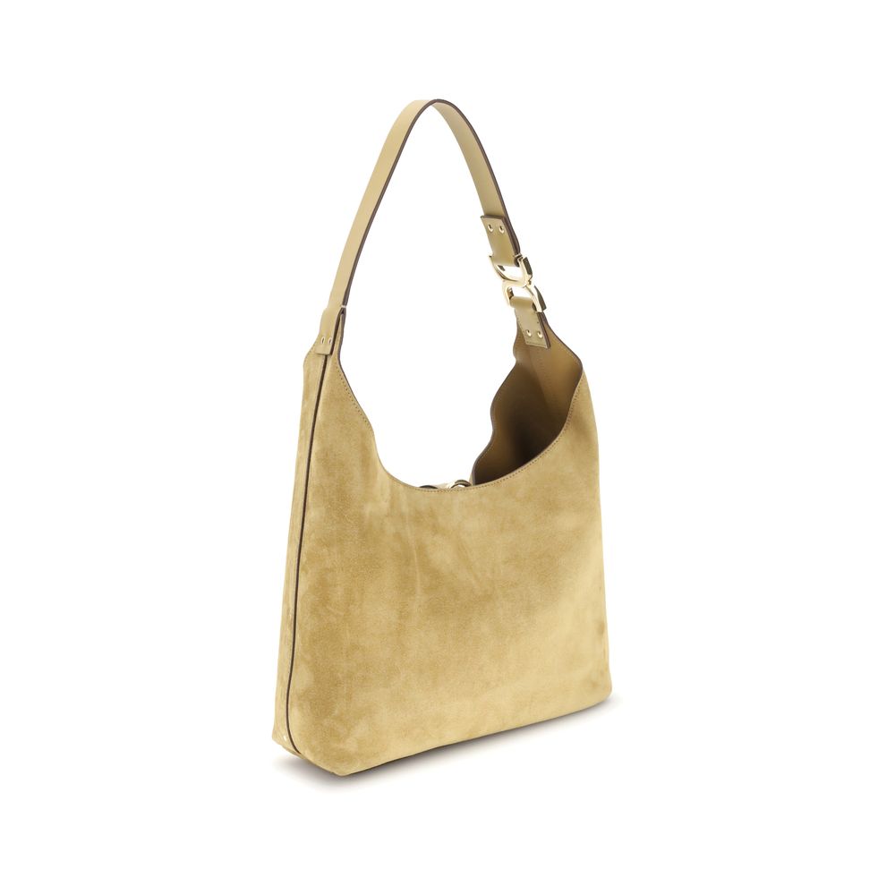 Rear angle of Chloé Marcie Shoulder Bag in beige suede, highlighting the clean design and premium craftsmanship for stylish women.