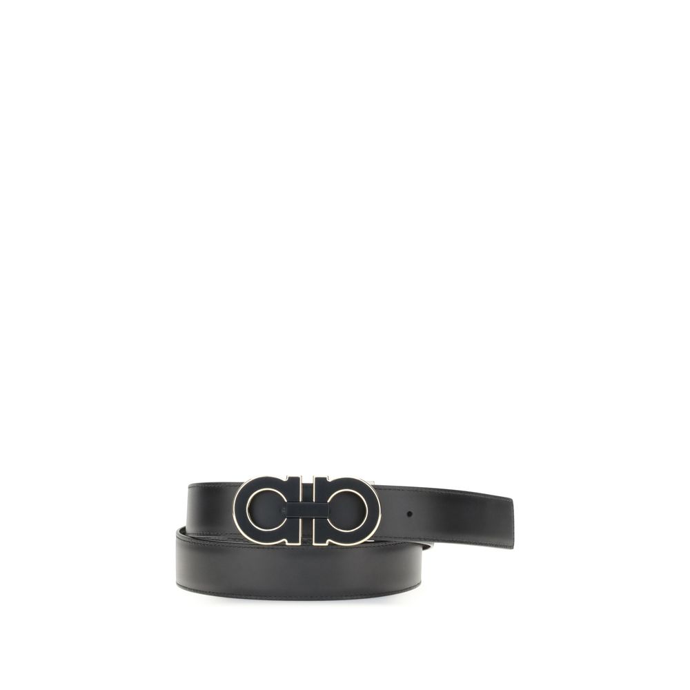 Ferragamo Gancini reversible belt in black leather with signature double Gancini buckle, ideal for men's accessories and formal wear.