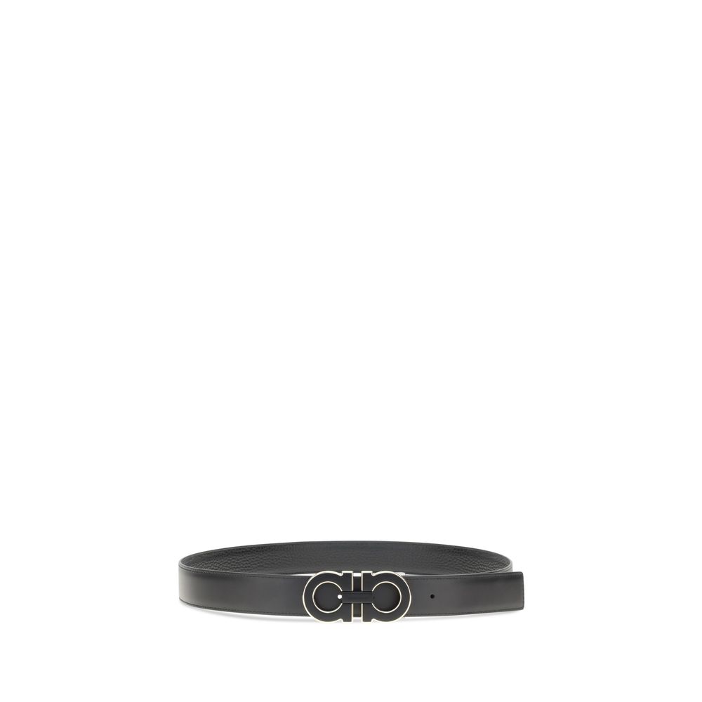 Men's Ferragamo Gancini reversible belt in black, featuring a sleek silver-tone Gancini buckle, perfect for versatile styling.
