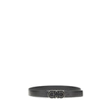 Men's Ferragamo Gancini reversible belt in black, featuring a sleek silver-tone Gancini buckle, perfect for versatile styling.