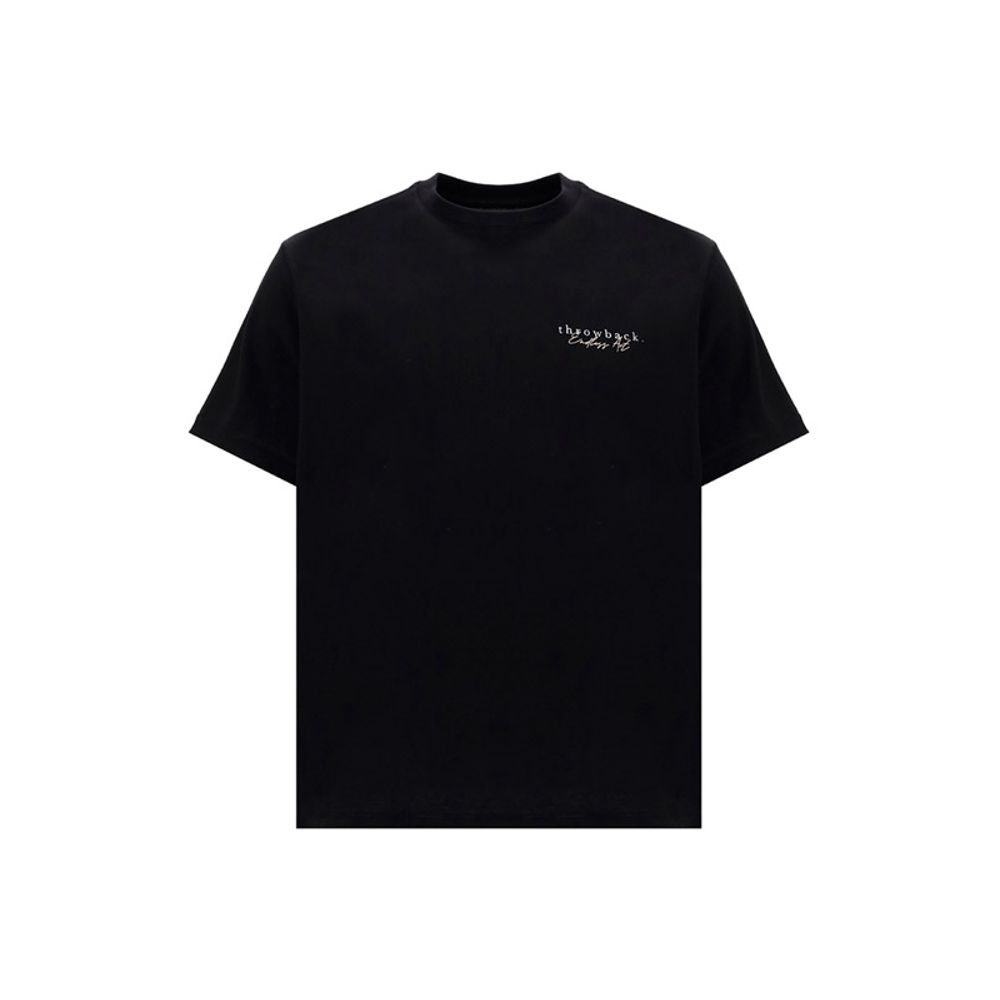 Black graphic t-shirt with small white chest text and colorful pop-art style print on back, ideal for casual streetwear fashion.