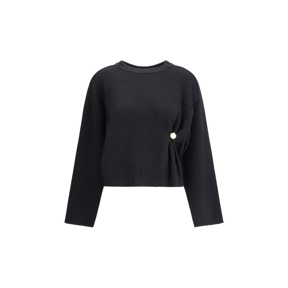Loulou De Saison Draped Sweater in black with pearl button detail and asymmetrical draping, perfect for chic women's knitwear collections.