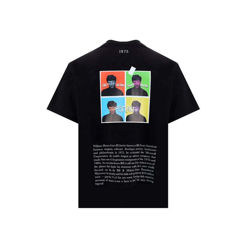 Back view of black t-shirt featuring colorful pop-art portraits and text about Bill Gates, suitable for modern graphic tee collections.