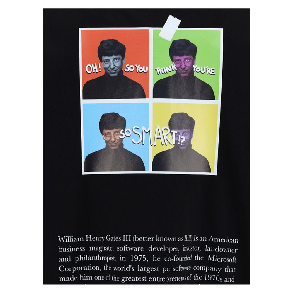 Close-up of graphic t-shirt back print with pop-art portraits and bold text 'OH! SO YOU THINK YOU'RE SO SMART?', highlighting unique design.