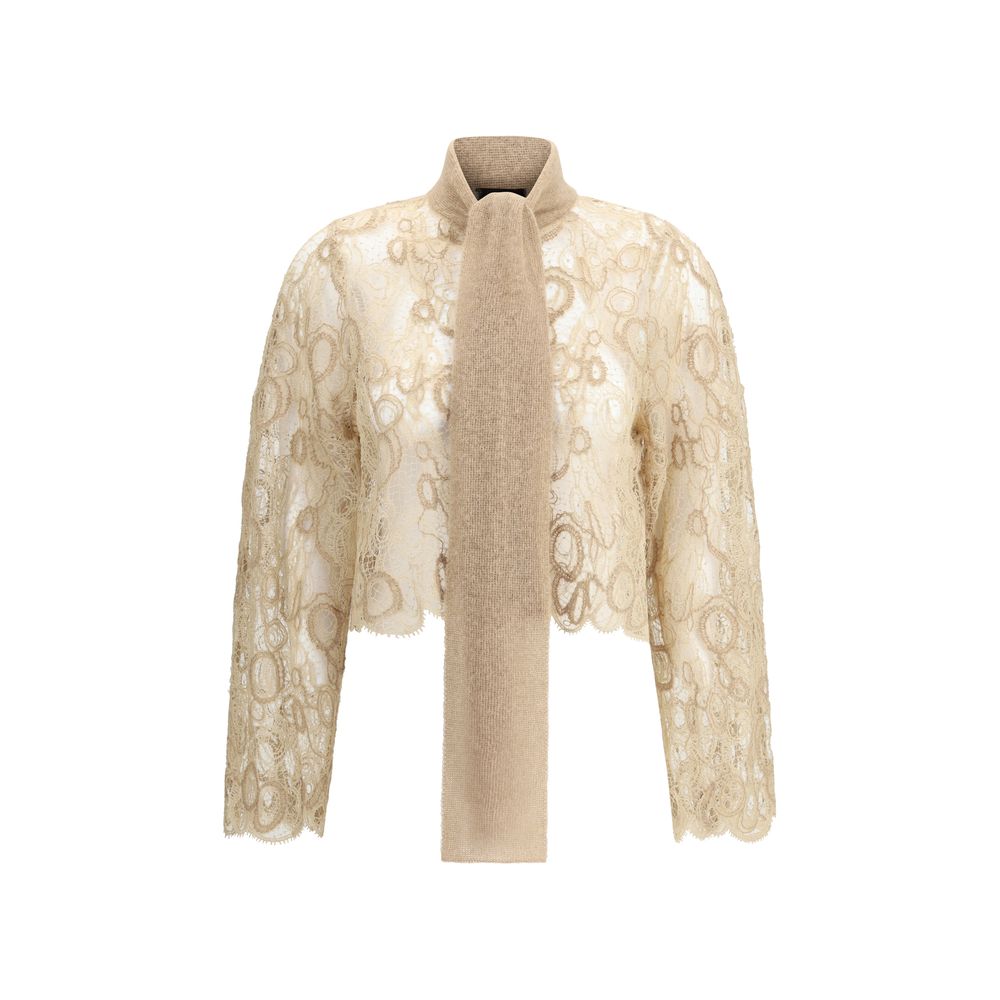 Fabiana Filippi Lace cropped Shirt in beige with intricate lace detailing and attached wool scarf, elegant women's designer top in IT42 size.