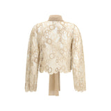 Back view of Fabiana Filippi Lace cropped Shirt showing sheer lace pattern and soft beige wool scarf accent, luxury women's fashion shirt.