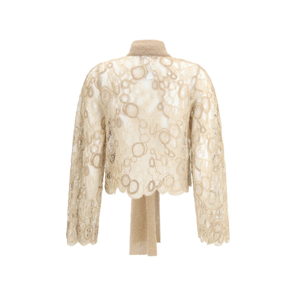 Back view of Fabiana Filippi Lace cropped Shirt showing sheer lace pattern and soft beige wool scarf accent, luxury women's fashion shirt.