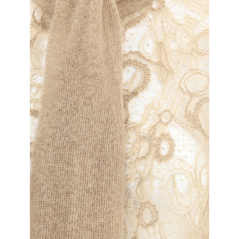 Close-up of Fabiana Filippi Lace cropped Shirt highlighting delicate lace texture and soft beige wool scarf, premium women's designer clothing.