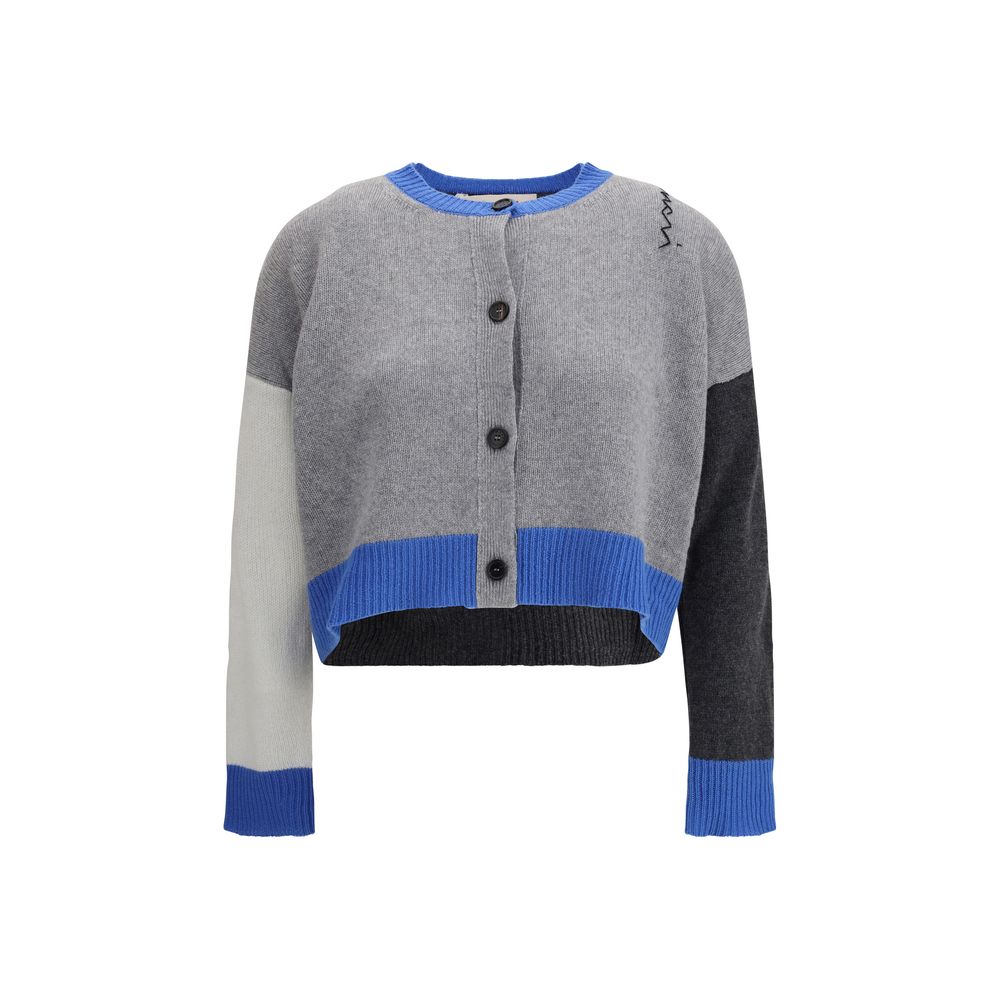 Marni Cropped Cardigan in colorblock gray, black, and blue with front button closure and contrast ribbed hem and cuffs. Women's designer sweater.