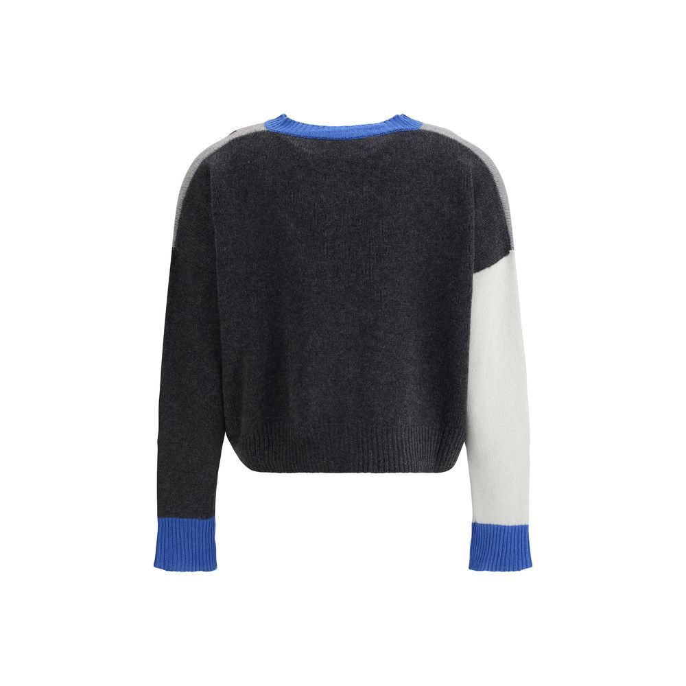 Back view of Marni Cropped Cardigan showcasing dark gray and white colorblock design with blue ribbed cuffs and collar. Stylish women's knitwear.