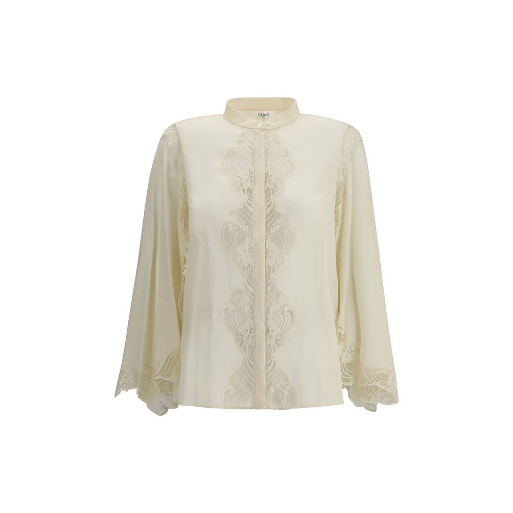 Chloé Silk georgette and lace blouse in cream with intricate lace panels and flared sleeves, ideal for elegant women's fashion collections.