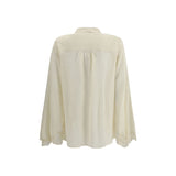 Back view of Chloé Silk georgette and lace blouse in cream, showcasing relaxed fit and delicate lace-trimmed sleeves for luxury women's wear.