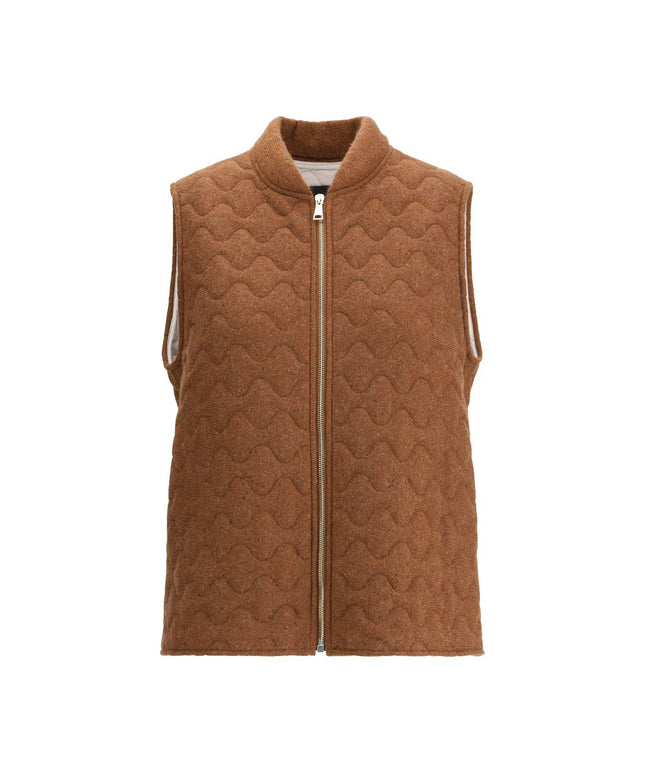 Fabiana Filippi Wool Down Vest in brown with front zip closure and wave-quilted texture, sleeveless design for women’s outerwear.