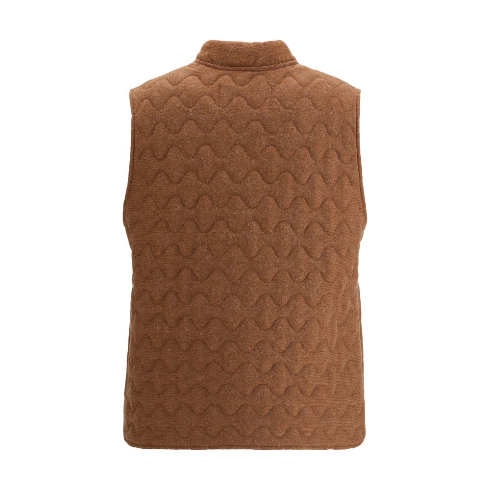 Back view of Fabiana Filippi Wool Down Vest in brown, showcasing wave-quilted pattern and sleeveless cut in luxury women’s fashion.