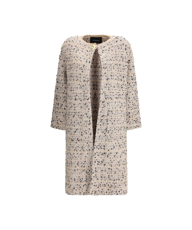 Fabiana Filippi long knit jacket in multicolor tweed with open front design and front pockets, ideal for women's fall fashion.