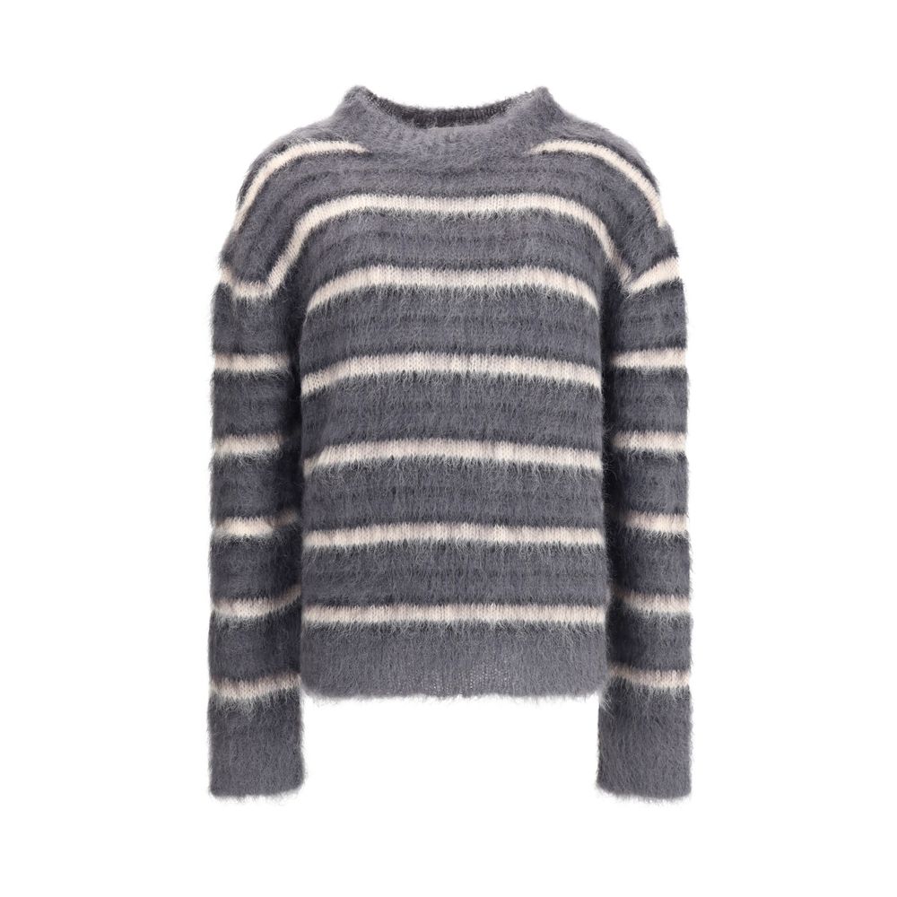 Marni Striped wool mohair Sweater in gray with white horizontal stripes, featuring a relaxed fit and fuzzy texture for men’s winter fashion.