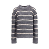 Marni Striped wool mohair Sweater in gray with white horizontal stripes, featuring a relaxed fit and fuzzy texture for men’s winter fashion.
