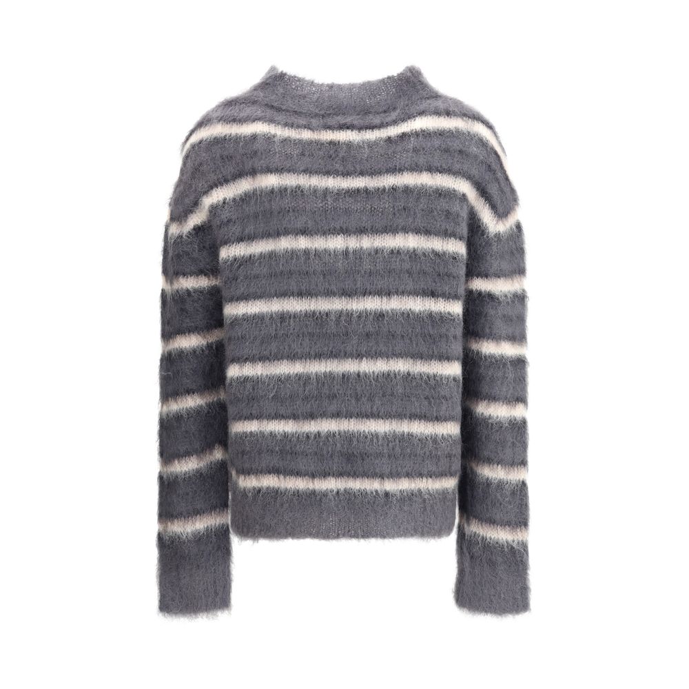 Back view of Marni Striped wool mohair Sweater in gray and white, showcasing its soft mohair blend and casual silhouette for men’s clothing.