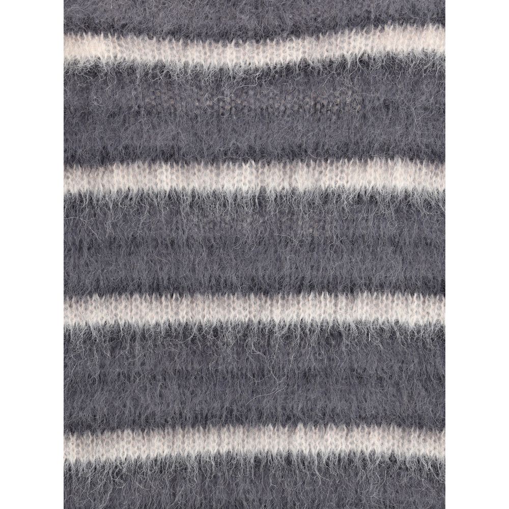 Close-up of Marni Striped wool mohair Sweater fabric, highlighting the fuzzy mohair texture and gray-white stripe pattern for premium knitwear.