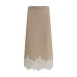 Fabiana Filippi Wool and lace Midi Skirt in beige with white lace trim, featuring a high-waist and A-line silhouette. Elegant women's midi skirt.