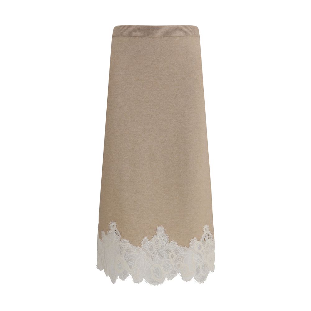 Fabiana Filippi Wool and lace Midi Skirt in beige with white lace trim, featuring a high-waist and A-line silhouette. Elegant women's midi skirt.