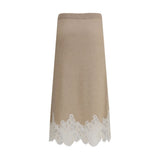 Back view of Fabiana Filippi Wool and lace Midi Skirt in beige, showcasing delicate white lace hem and soft wool fabric. Luxury women's skirt IT44.