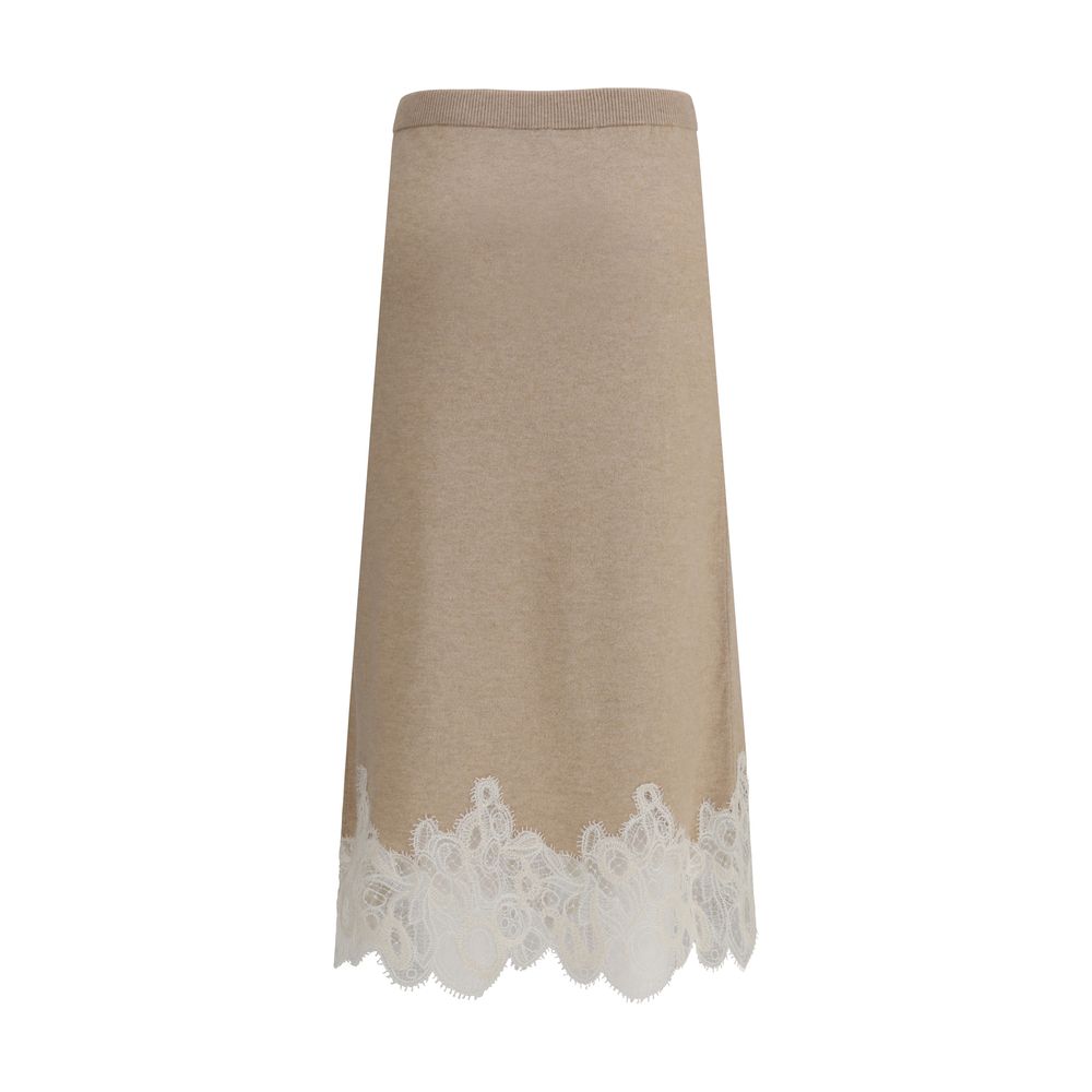 Back view of Fabiana Filippi Wool and lace Midi Skirt in beige, showcasing delicate white lace hem and soft wool fabric. Luxury women's skirt IT44.