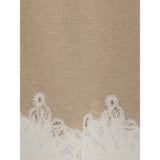 Close-up of Fabiana Filippi Wool and lace Midi Skirt highlighting intricate white lace detailing on beige wool fabric. Premium texture and craftsmanship.