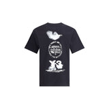 Back view of Y-3 T-Shirt with maxi print featuring bold Adidas and Y-3 branding. Black cotton tee for men, part of designer clothing collection.