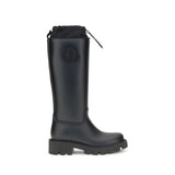 Moncler Kickstream High rain Boots in black with logo patch and drawstring top, women's EU36/US6 to EU40/US10, ideal for wet weather.