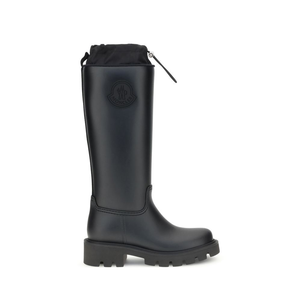 Moncler Kickstream High rain Boots in black with logo patch and drawstring top, women's EU36/US6 to EU40/US10, ideal for wet weather.