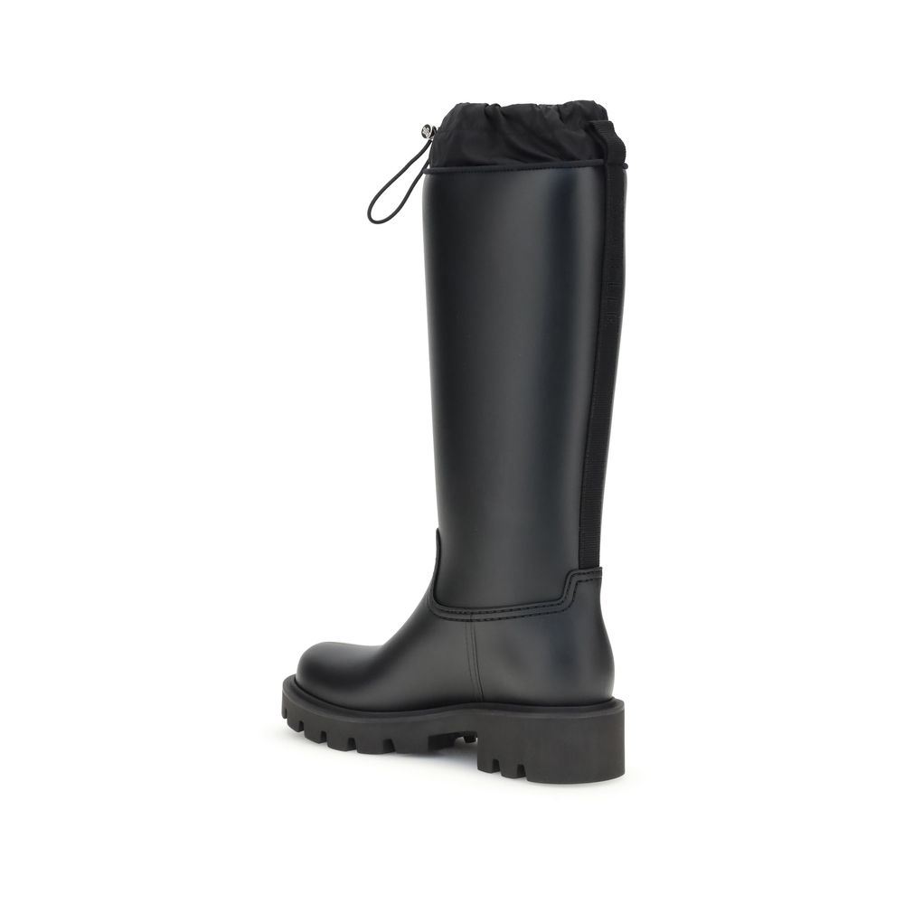 Rear angle of Moncler Kickstream High rain Boots showcasing elastic back panel and adjustable drawstring cuff for secure fit and comfort.