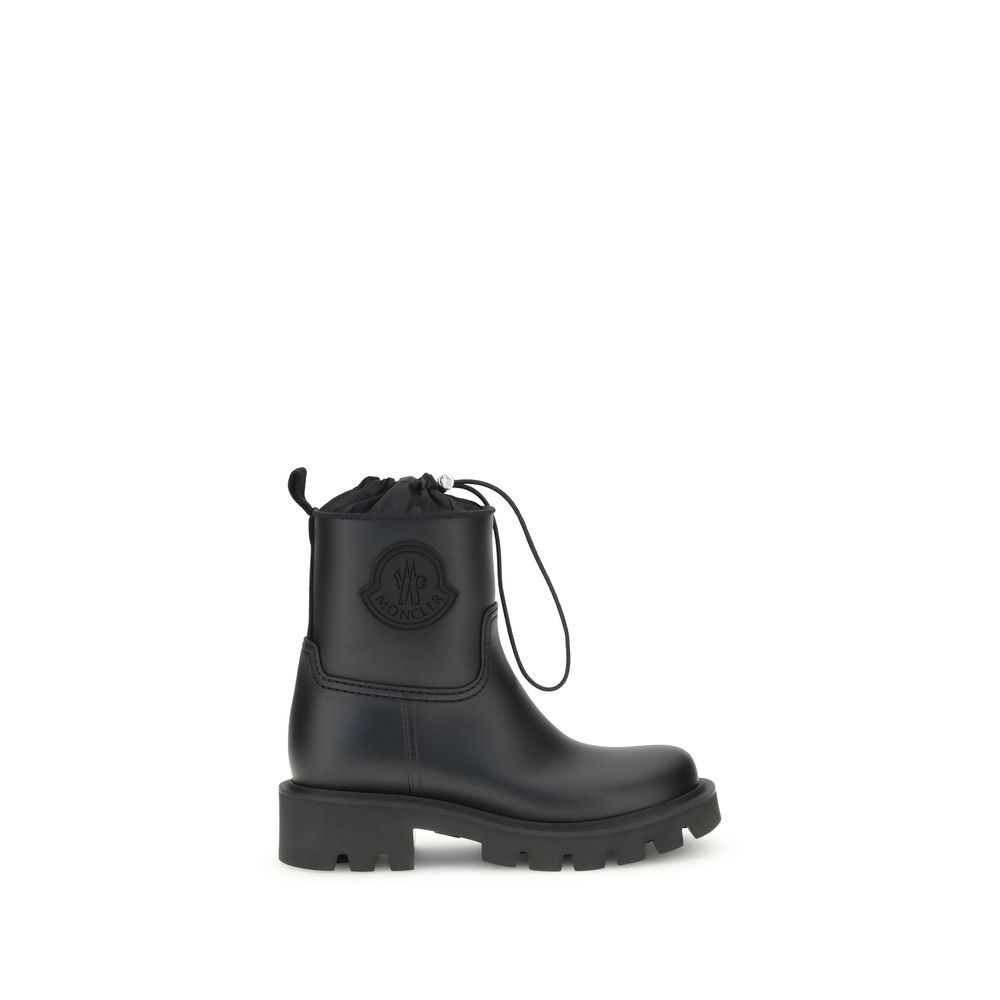 Moncler Kickstream rubber boots in black with drawstring top and embossed logo, women's lace-up boots in EU36 to EU41 sizes.