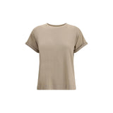 Brunello Cucinelli cashmere glitter T-shirt in beige with rolled short sleeves and a relaxed fit, ideal for luxury women's casual wear.