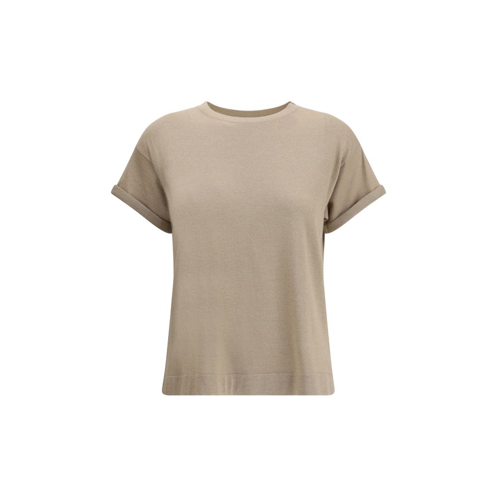 Brunello Cucinelli cashmere glitter T-shirt in beige with rolled short sleeves and a relaxed fit, ideal for luxury women's casual wear.